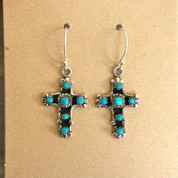 VTG Sterling Silver 925 RW Ronnie Willie Turquoise Petit Point Cross Earrings - Picture 11 of 16